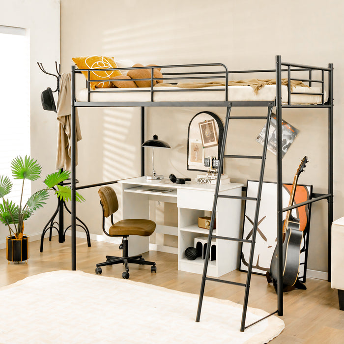 Metal Loft Bed - Integrated Ladder, Full-Length Guardrails in Black - Ideal for Space-Saving Sleeping Solution