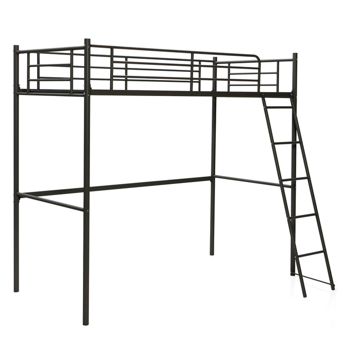 Metal Loft Bed - Integrated Ladder, Full-Length Guardrails in Black - Ideal for Space-Saving Sleeping Solution