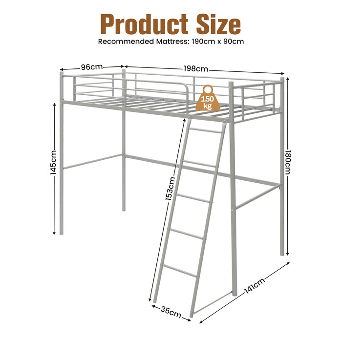 Metal Loft Bed - Integrated Ladder, Full-Length Guardrails in Black - Ideal for Space-Saving Sleeping Solution