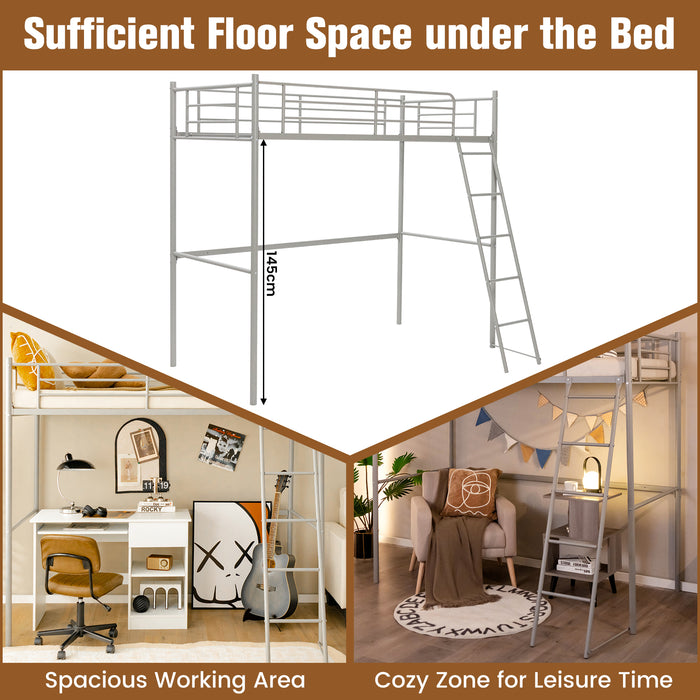 Metal Loft Bed - Integrated Ladder, Full-Length Guardrails in Black - Ideal for Space-Saving Sleeping Solution