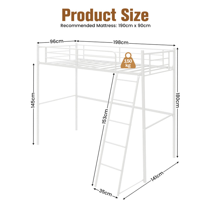 Metal Loft Bed - Integrated Ladder, Full-Length Guardrails in Black - Ideal for Space-Saving Sleeping Solution