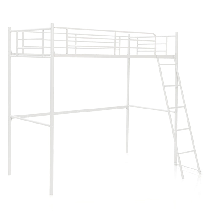 Metal Loft Bed - Integrated Ladder, Full-Length Guardrails in Black - Ideal for Space-Saving Sleeping Solution