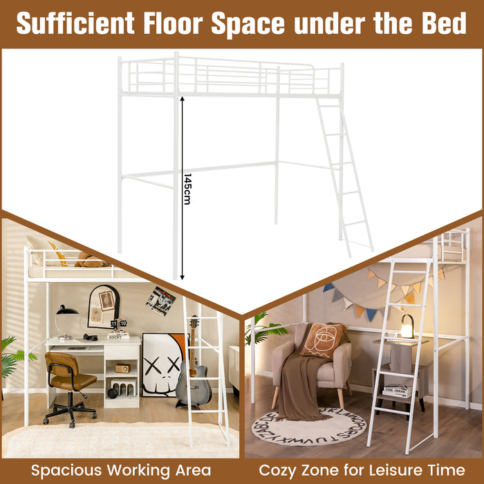 Metal Loft Bed - Integrated Ladder, Full-Length Guardrails in Black - Ideal for Space-Saving Sleeping Solution