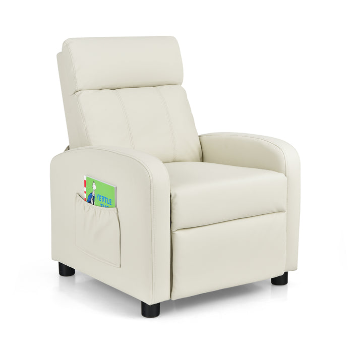 Kids' Recliner Chair - Adjustable Leather Sofa with Footrest and Side Pocket, Beige - Designed for Children's Comfort and Leisure