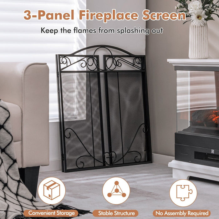 Metallic Folding Fireplace Screen - 3-Panel Design with Leaf Decorations - Ideal for Enhancing Fireplace Safety and Aesthetic Appeal