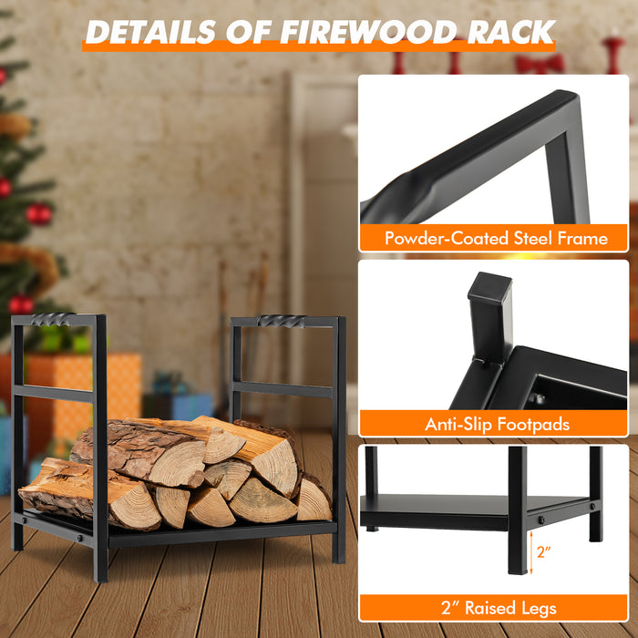 Solid Bottom Panel Firewood Log Rack - Screw Thread Handle, Black Finish - Ideal Storage Solution for Fireplaces, Fire Pits & Wood Stoves