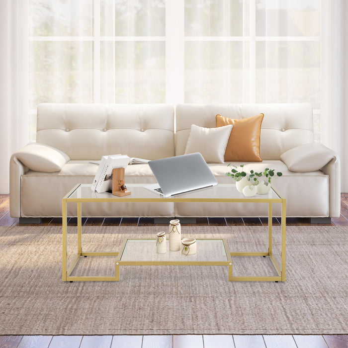 Golden Steel Frame Rectangular Coffee Table - 2-Tier Design with Tempered Glass Surface - Ideal for Contemporary Home Decor