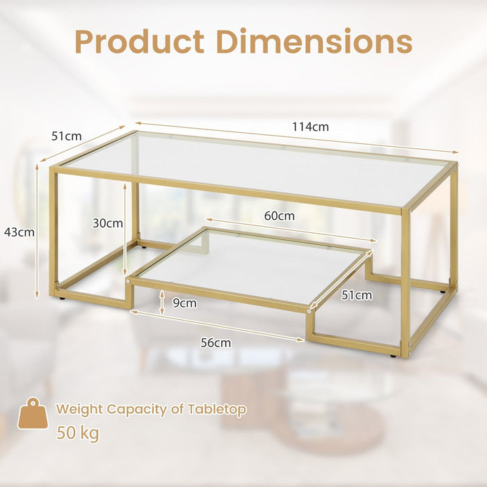 Golden Steel Frame Rectangular Coffee Table - 2-Tier Design with Tempered Glass Surface - Ideal for Contemporary Home Decor