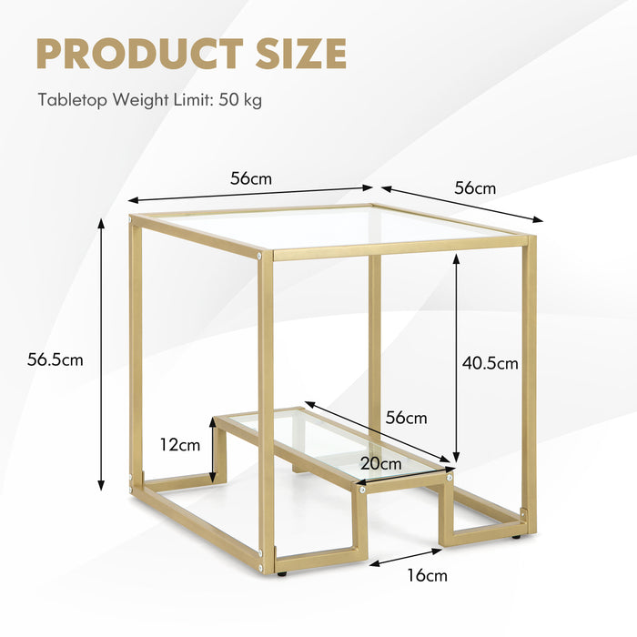 Golden Metal 2-Tier Snack Table - With Tempered Glass Tabletop and Durable Frame - Perfect for Entertaining, Serving Snacks and Drinks