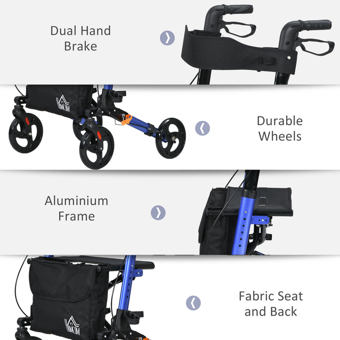 4-Wheel Rollator Walker with Seat - Folding Design, Adjustable Height, Dual Brakes & Cane Holder - Lightweight Aluminum Mobility Aid for Seniors and Adults