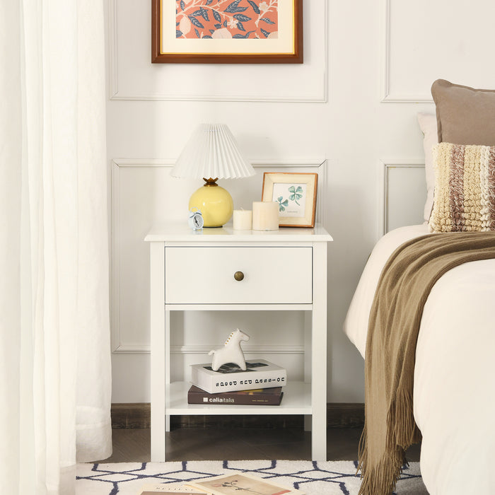 White Bedside Table featuring Drawer and Storage Shelf - Ideal for Bedroom Storage Solutions