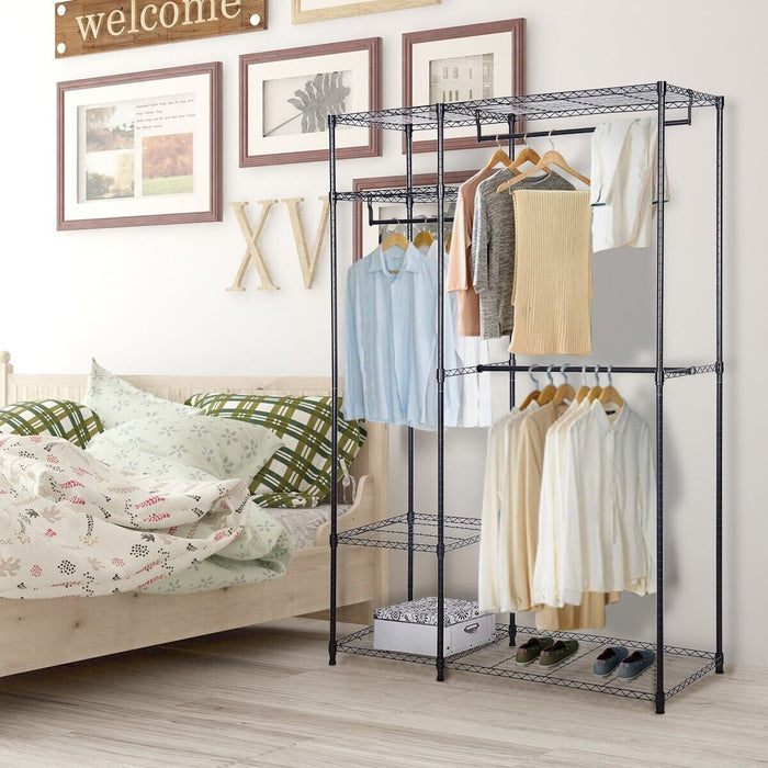 Metallic Bedroom Clothes Rack - Contains 3 Hanging Rails and Additional Shelves - Ideal Solution for Clothing Storage & Organization