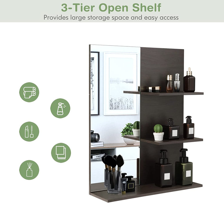 Grey Wall-Mounted Vanity Mirrors with 3-Tier Shelf - Decorative Bathroom Accessory, Storage Solution - Ideal for Compact Spaces and Stylish Home Décor