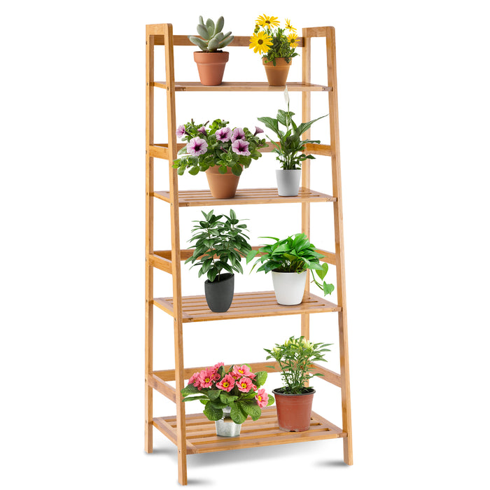 Bamboo 4-Tier Plant Stand - Rear Bar and Slatted Tier Design - Ideal Solution for Displaying Plants in Limited Space