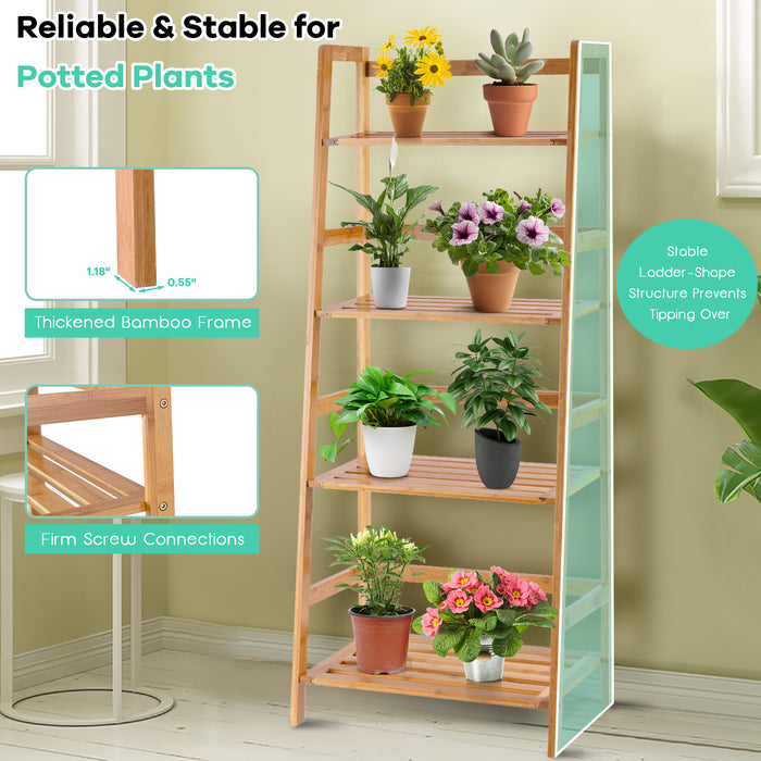 Bamboo 4-Tier Plant Stand - Rear Bar and Slatted Tier Design - Ideal Solution for Displaying Plants in Limited Space