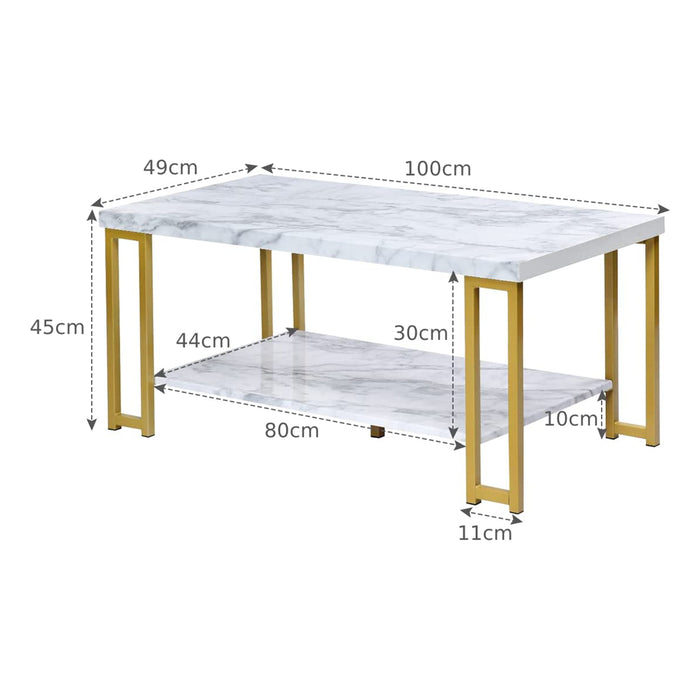 Marble Print Coffee Table, 2-Tier - MDF Top, Gold Print Metal Frame - Ideal for Coffee Lovers Looking for Modern Style Furniture