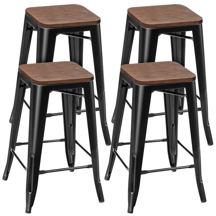4-Piece Set of 64.5cm Counter Height Stools - Wooden Seat, Sleek Black Finish - Ideal for Home Bars or Kitchen Islands