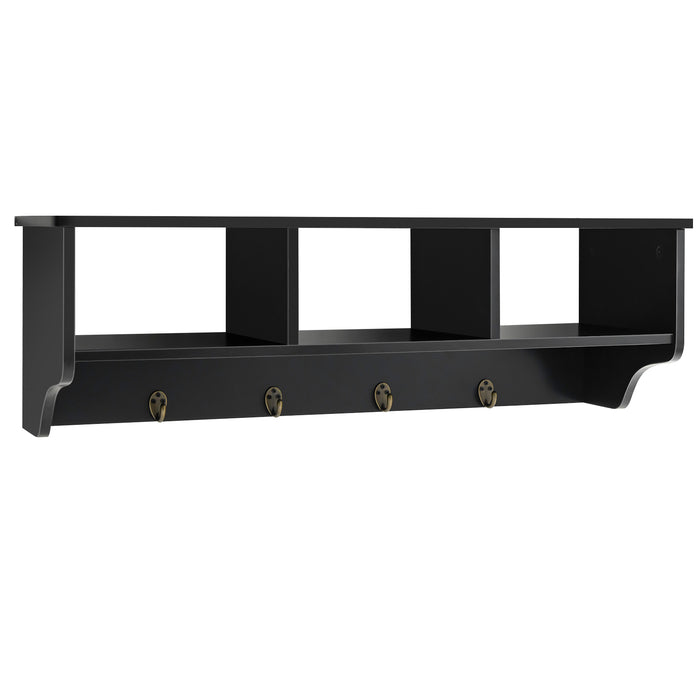Floating Storage Shelf 31-Inch - Open Compartments and Hanging Hooks in White - Ideal for Organizing Home and Office Space