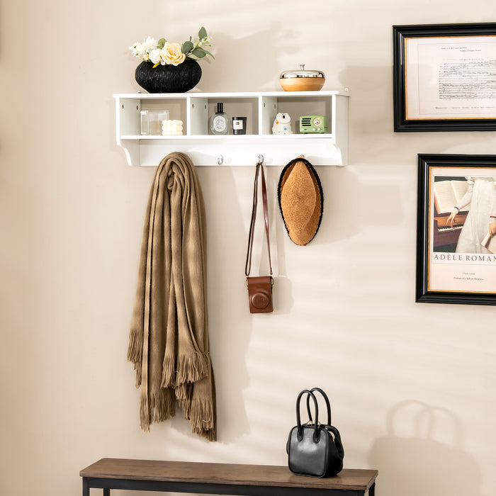 Floating Storage Shelf 31-Inch - Open Compartments and Hanging Hooks in White - Ideal for Organizing Home and Office Space