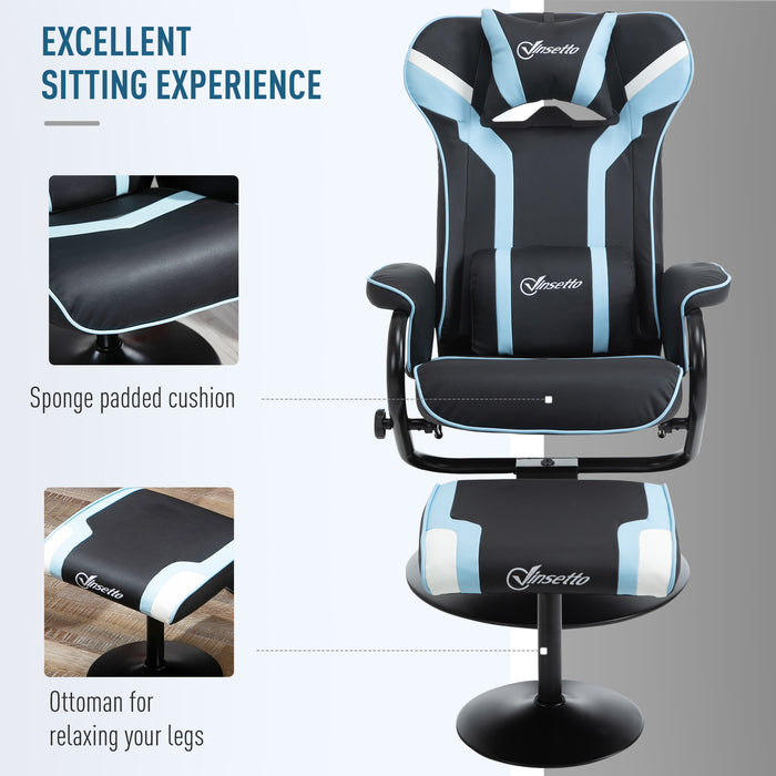 Gaming Recliner Chair with Matching Footrest - Ergonomic Racing Style, Adjustable Headrest & Lumbar Support, Pedestal Base - Ideal for Home Office Comfort in Lake Blue