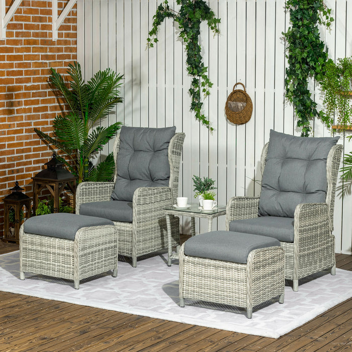 Outdoor PE Rattan 5-Piece Sun Lounge Set - Half-Round Wicker Recliner Sofa Bed, Glass Top Table, Footstools in Mixed Grey - Ideal for Patio and Poolside Relaxation