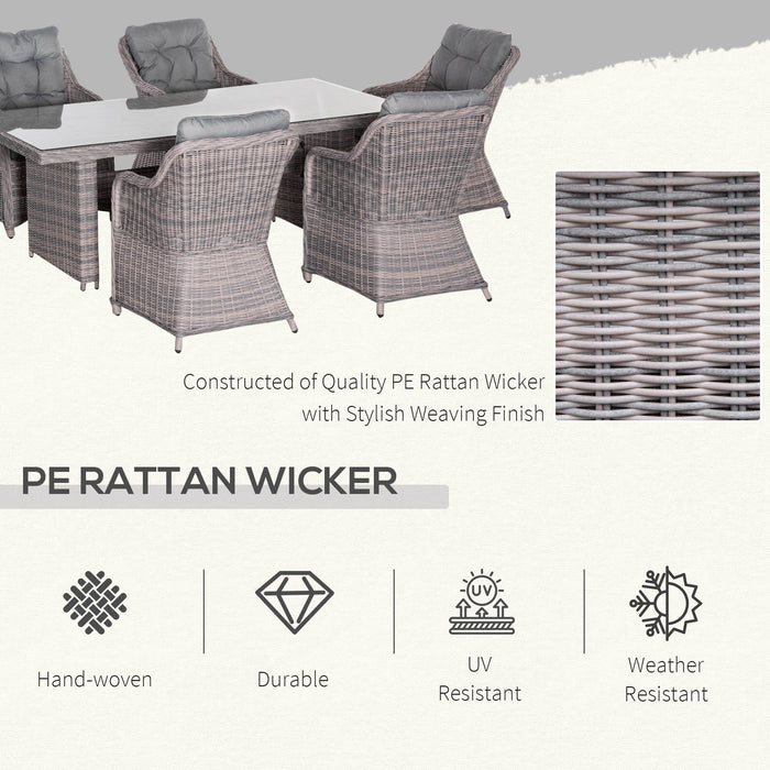 7-Piece PE Rattan Dining Set - Outdoor Patio Wicker Furniture with Aluminium Frame and Tempered Glass Tabletop in Grey - Elegant Seating for Garden, Deck, or Backyard Gatherings