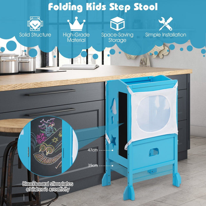 Kids Kitchen Step Stool - Wooden Construction with Attached Blackboard in Blue - Ideal for Children's Cooking Activities and Drawing Fun