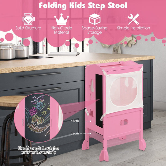 Kids Kitchen Step Stool - Wooden Construction with Attached Blackboard in Blue - Ideal for Children's Cooking Activities and Drawing Fun