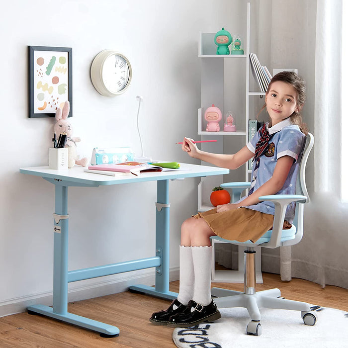 Hand Crank System Kids Desk - Spacious Blue Tabletop, Child-Friendly Design - Ideal for Children's Study and Craft Needs