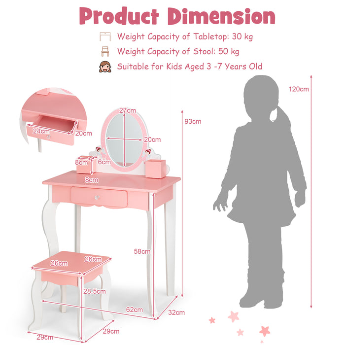 Children's Pink Vanity Set - Dressing Table and Stool with Mirror - Ideal for Toddlers, Playtime Furniture