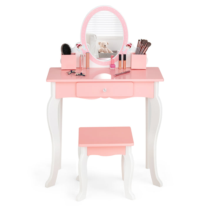 Children's Pink Vanity Set - Dressing Table and Stool with Mirror - Ideal for Toddlers, Playtime Furniture