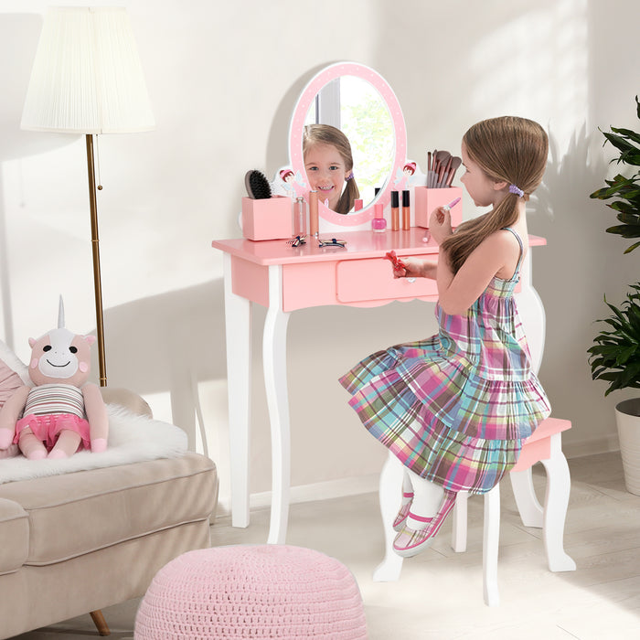 Children's Pink Vanity Set - Dressing Table and Stool with Mirror - Ideal for Toddlers, Playtime Furniture