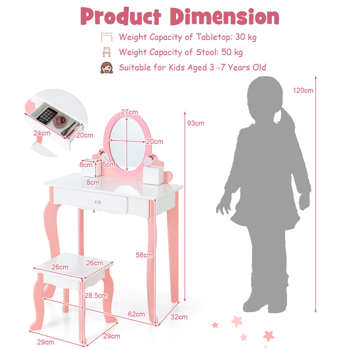 Children's Pink Vanity Set - Dressing Table and Stool with Mirror - Ideal for Toddlers, Playtime Furniture