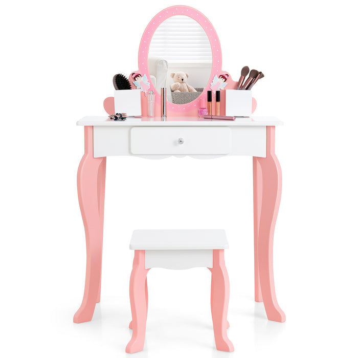 Children's Pink Vanity Set - Dressing Table and Stool with Mirror - Ideal for Toddlers, Playtime Furniture