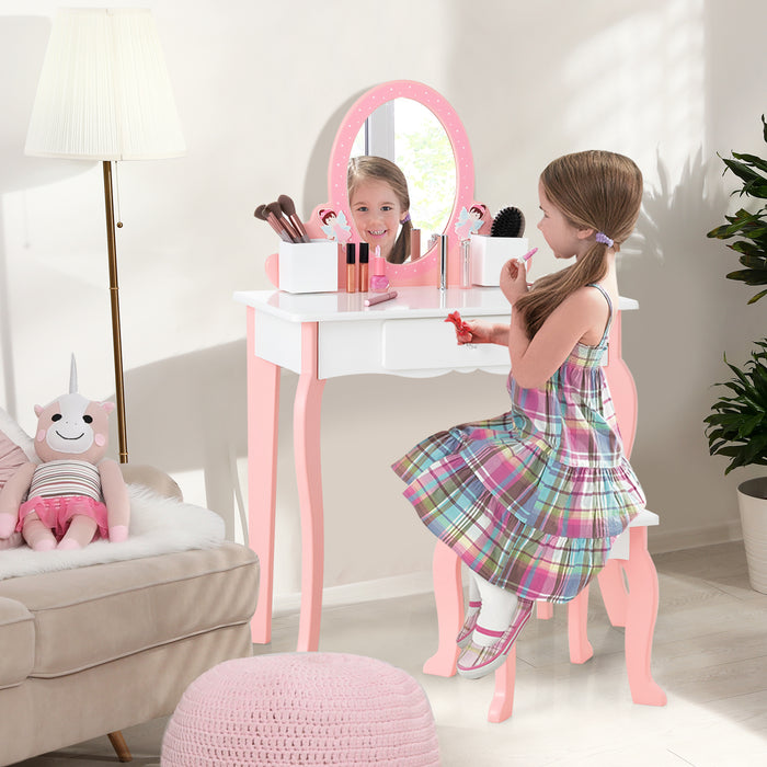 Children's Pink Vanity Set - Dressing Table and Stool with Mirror - Ideal for Toddlers, Playtime Furniture