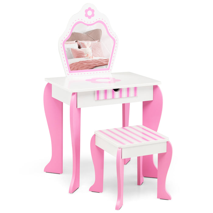 Kids Vanity Furniture - Table and Stool Set with Mirror and Drawer in Pink & White - Ideal for Children's Pretend Play and Room Decor