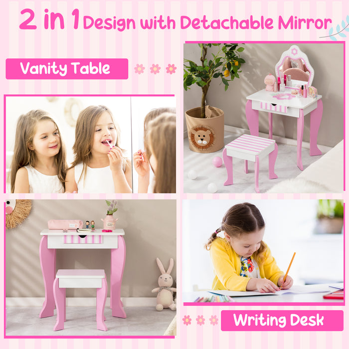 Kids Vanity Furniture - Table and Stool Set with Mirror and Drawer in Pink & White - Ideal for Children's Pretend Play and Room Decor