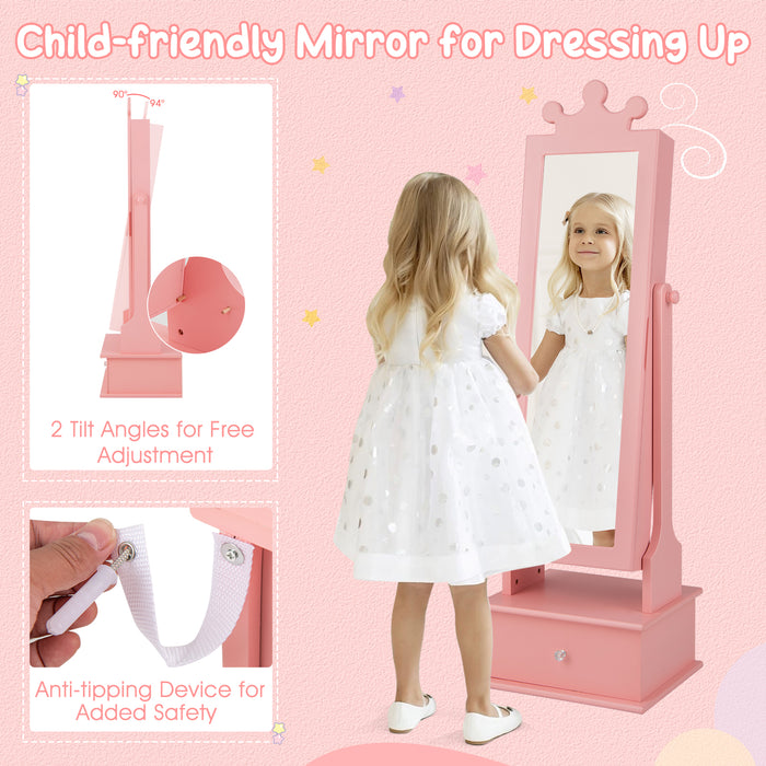 Kids Joy Collection - Jewelry Cabinet Armoire with Full Length Mirror and 3 Storage Drawers in Chic Pink - Perfect Storage Solution for Girls’ Treasures and Accessories