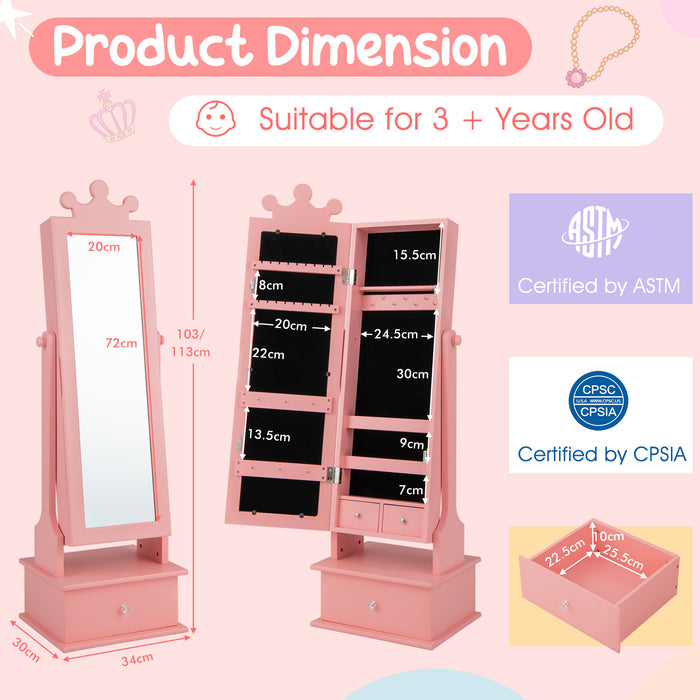 Kids Joy Collection - Jewelry Cabinet Armoire with Full Length Mirror and 3 Storage Drawers in Chic Pink - Perfect Storage Solution for Girls’ Treasures and Accessories