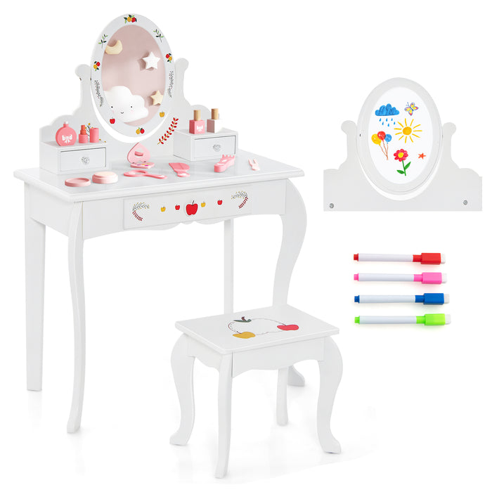 Princess Themed Vanity Set - Kids Playset with 360° Rotating Mirror, White - Ideal for Pretend Play and Imagination Enhancement