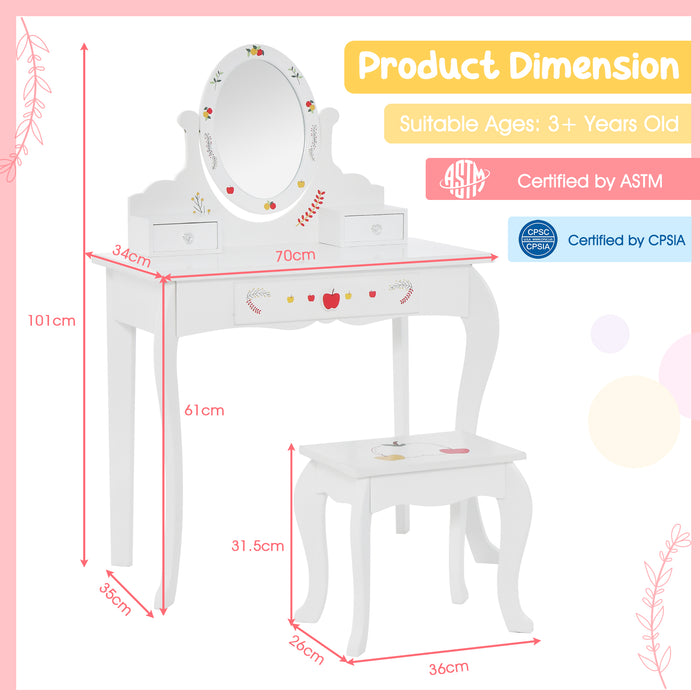 Princess Themed Vanity Set - Kids Playset with 360° Rotating Mirror, White - Ideal for Pretend Play and Imagination Enhancement