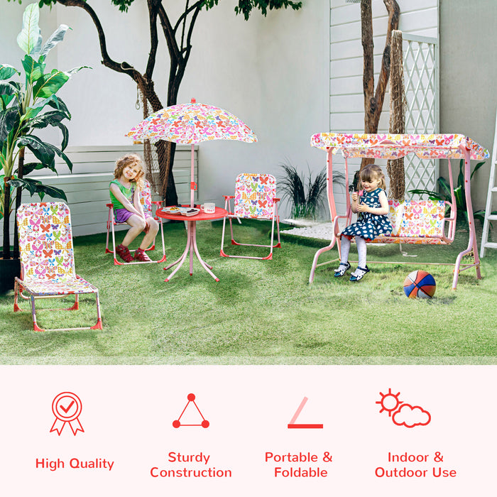 Colorful Striped Kids Picnic Set with Folding Table and Chairs - Durable Outdoor Play Furniture - Includes Matching Parasol for Sun Protection