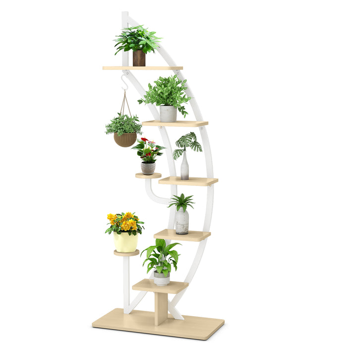 8-Tier Tall Wooden Stand - Curved Half-Moon Shape for Plants with Top Hook in Natural - Ideal for Displaying Houseplants