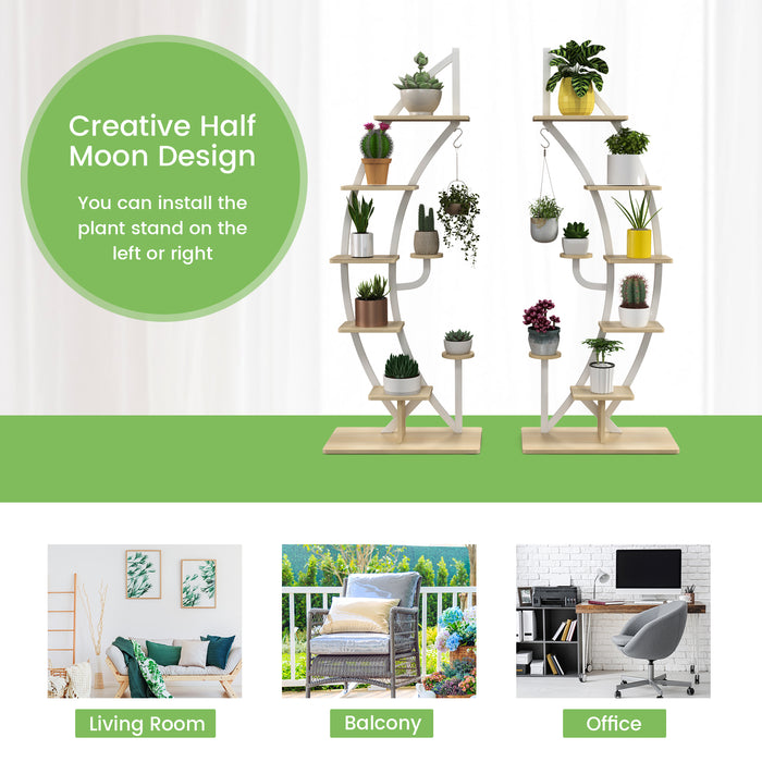 8-Tier Tall Wooden Stand - Curved Half-Moon Shape for Plants with Top Hook in Natural - Ideal for Displaying Houseplants