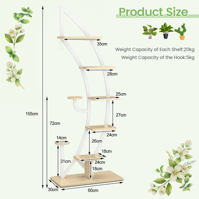 8-Tier Tall Wooden Stand - Curved Half-Moon Shape for Plants with Top Hook in Natural - Ideal for Displaying Houseplants