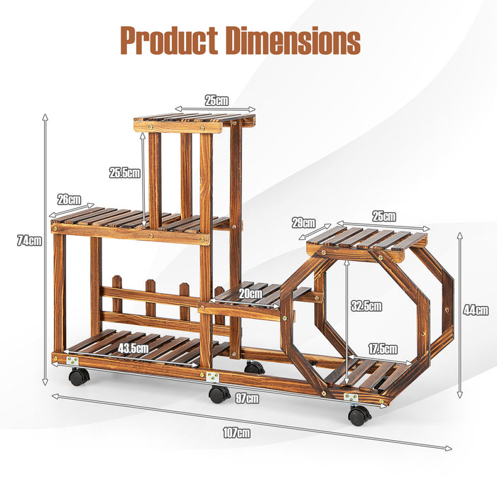 Wooden Rolling Plant Stand - Sturdy Flower Display Stand with Roller Wheels - Ideal for Gardeners and Home Decor Enthusiasts