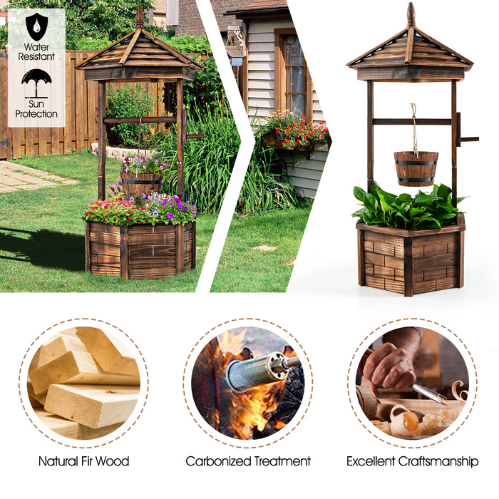 Hexagonal Wooden Wishing Well Patio Bucket - For Flowers and Plants Display - Ideal Outdoor Decor for Gardening Enthusiasts-Brown