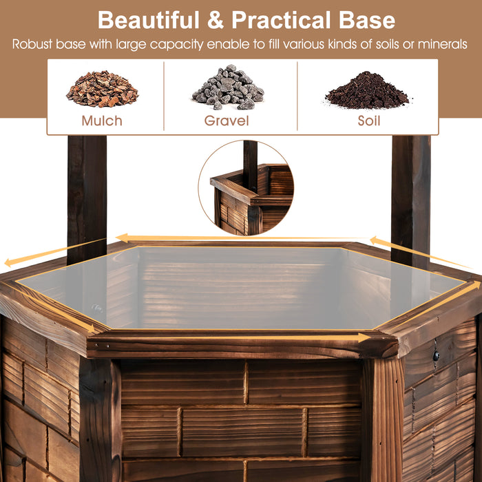 Hexagonal Wooden Wishing Well Patio Bucket - For Flowers and Plants Display - Ideal Outdoor Decor for Gardening Enthusiasts-Brown