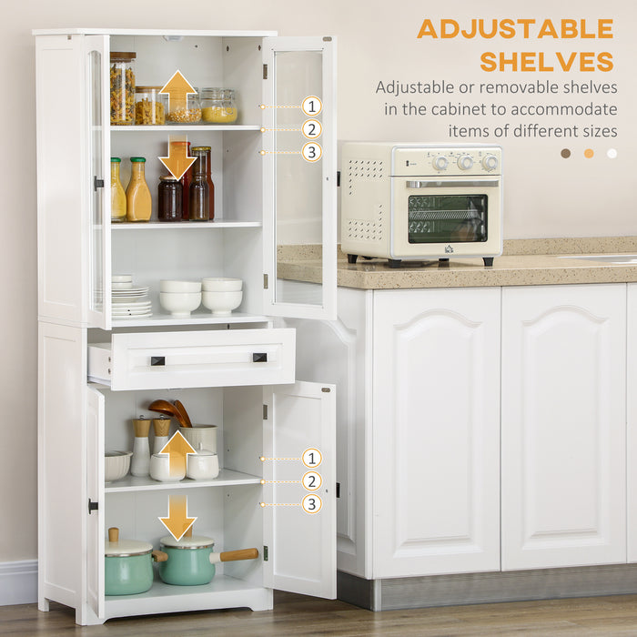 Freestanding Kitchen Storage Cabinet - 2 Adjustable Shelves, Drawer, Glass Door, 160cm in White - Ideal for Dining and Living Room Organization