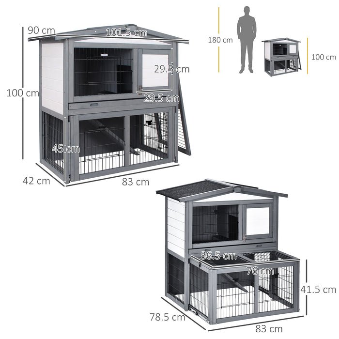 Wooden 2-Tier Rabbit Hutch with Ramp - Small Animal Cage with Slide-Out Tray and Openable Roof, Outdoor Run - Ideal for Rabbits and Small Pets, Grey, 101.5 x 90 x 100 cm